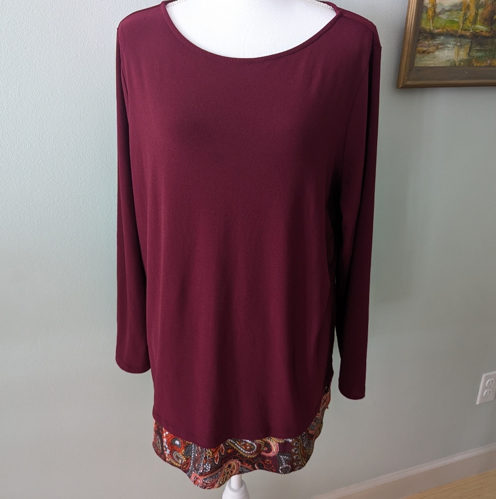 Susan Graver Women's XL Textured Liquid Knit Tunic with Printed Trim Rich Wine